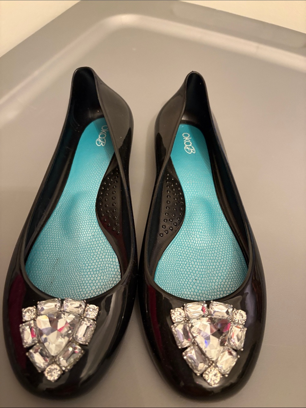 Black Rubber Embellished Ballet Flats - Black